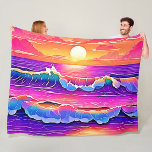 Retro Wave Sunset Serenity Fleece Blanket