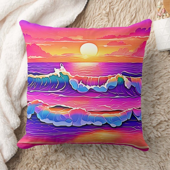 Retro Wave Sunset Serenity Throw Pillow (Blanket)