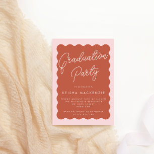 Retro Wave Terracotta & Blush Graduation Party Inv Invitation