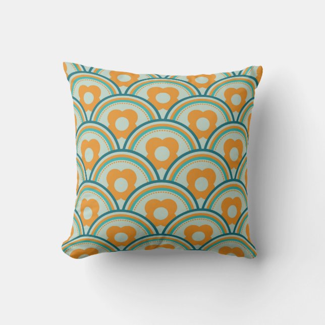 Retro Waves and Flowers Aqua, Teal, Orange Throw Pillow (Front)
