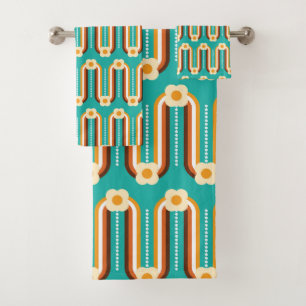 Retro Waves and Flowers, Teal, Orange, Chocolate Bath Towel Set