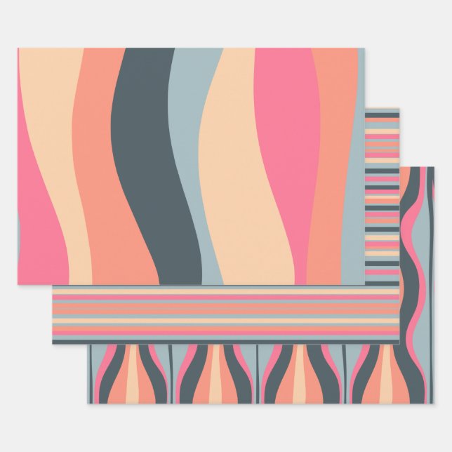 Retro Waves and Stripes Pink Apricot Blue Wrapping Paper Sheet (Set)