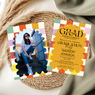 Retro Wavy Arch Colourful Graduation Party Photo Invitation