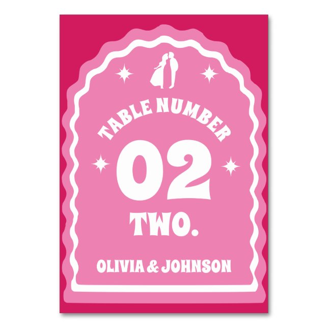 Retro Wavy Arch Pink & Magenta Couples Photo Table Number (Front)
