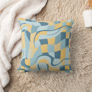 Retro Wavy Baby Blue Butter Yellow Chequered Throw Pillow