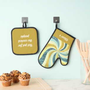 Retro Wavy Blue And Golden Colour Pattern Oven Mitt & Pot Holder Set