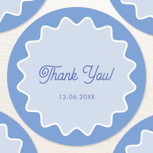 Retro Wavy Blue Curve Border Thank You Classic Round Sticker (Personalized date wavy retro thank you sticker)