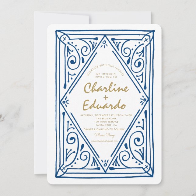 Retro Wavy Blue Lace Wedding Invitation (Front)