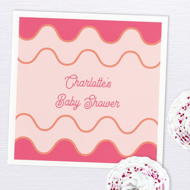 Retro Wavy Border Pink Curve Baby Shower Napkin (Retro modern wavy curve border pink custom text baby shower paper napkins)