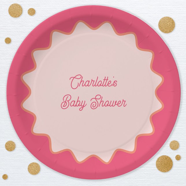 Retro Wavy Border Pink Curve Baby Shower Paper Plate (Retro modern pink wavy curve border custom text baby shower paper plates)