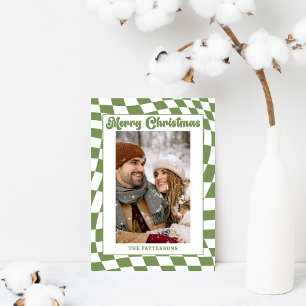 Retro Wavy Checkered Sage Green Photo Christmas  Holiday Card