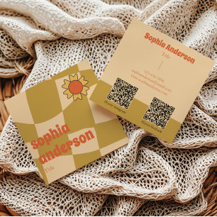 Retro Wavy Chequerboard with Sunflower _ Qr Code Square Business Card