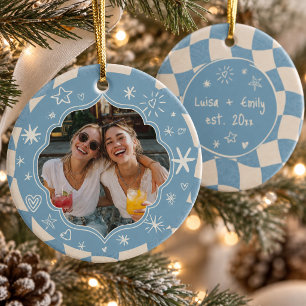 Retro Wavy Chequered Best Friends Bestie Photo Ceramic Ornament