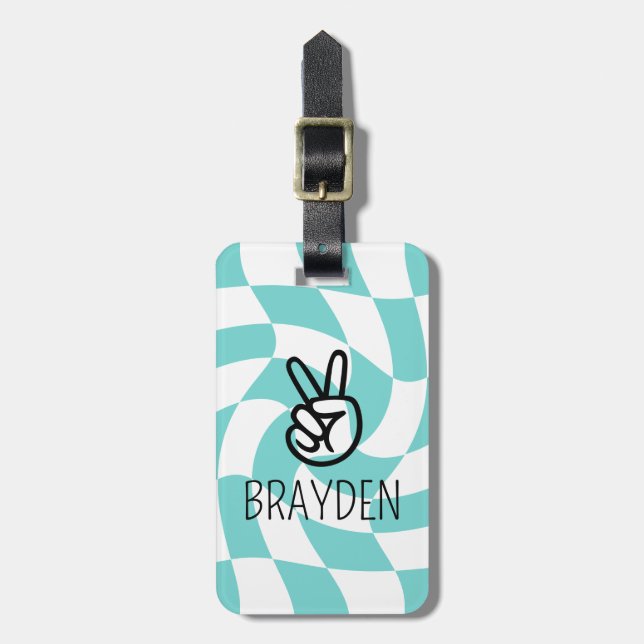 Retro Wavy Chequered Board Custom School Bag Tag (Front Vertical)