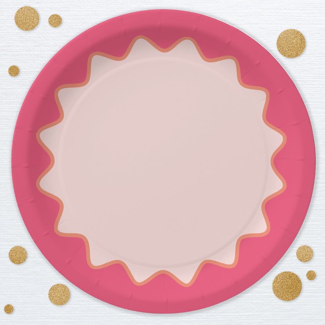 Retro Wavy Curve Border Blush Hot Pink Paper Plate (Retro modern pink wavy curve border paper plates)