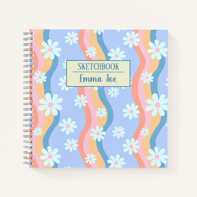Retro Wavy Daisy Flowers Personalized Sketchbook Notebook (Front)
