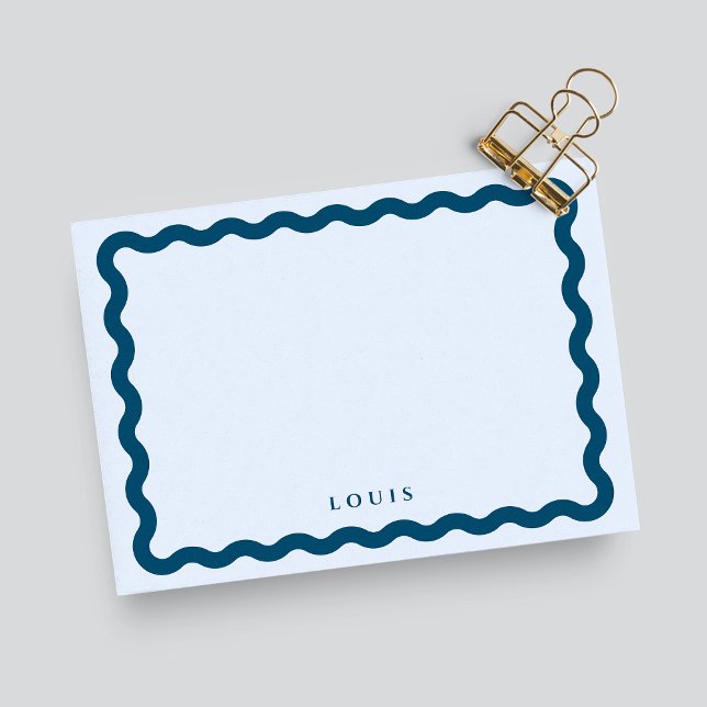 Retro Wavy Frame Blue Personalized Note Card (Creator Uploaded)