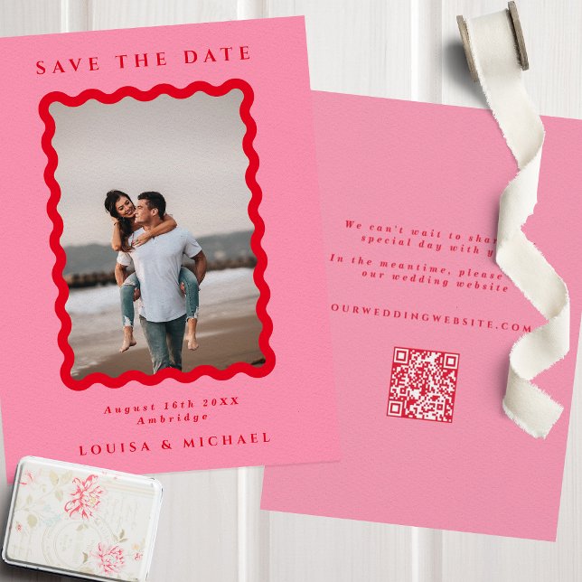 Retro Wavy Frame Photo Red & Pink QR Code Wedding  Save The Date (Creator Uploaded)