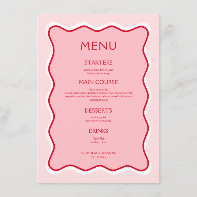Retro Wavy Frame Red and Pink Wedding Menu (Front)