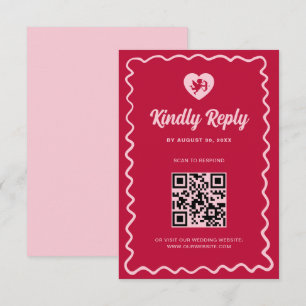 Retro Wavy Frame Red Pink Cupid Wedding QR Code RSVP Card