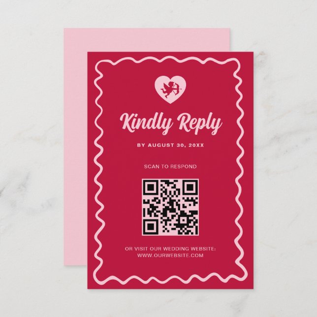 Retro Wavy Frame Red Pink Cupid Wedding QR Code RSVP Card (Front/Back)