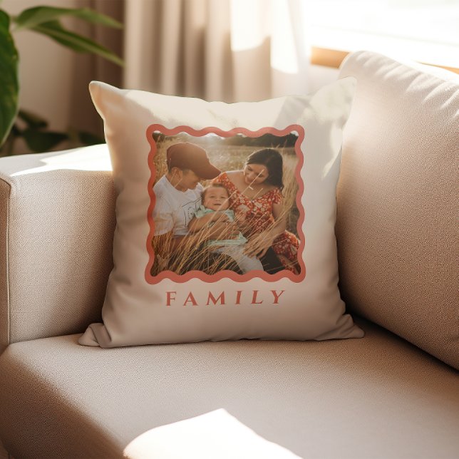 Retro Wavy Frame Terracotta Family Photo Throw Pillow (Creator Uploaded)
