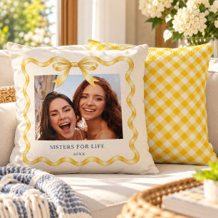 Retro Wavy Gold Watercolor Ribbon Bow 2 Photo Throw Pillow