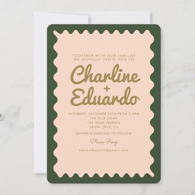 Retro Wavy Green Pink Golden Wedding Invitation (Front)