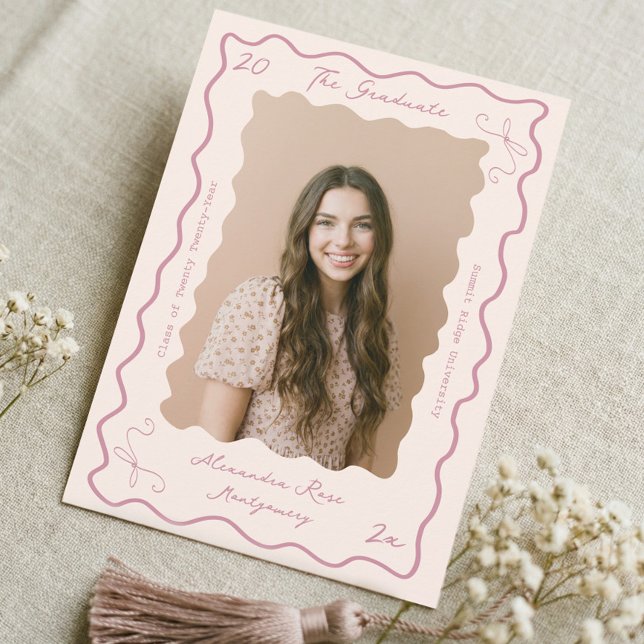 Retro Wavy Hand Drawn Bow Grad Photo Graduation Announcement (Retro Wavy Hand Drawn Bow Grad Photo Graduation Announcement)