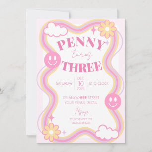 Retro Wavy Kids Girls Birthday Party Invitation 