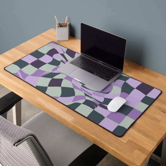 Retro Wavy Lilac Sage Green Chequered Danish Paste Desk Mat (Office 2)