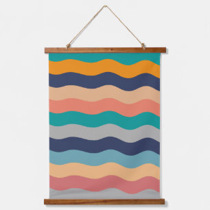 Retro Wavy Lines - Blue Turquoise Orange Hanging Tapestry