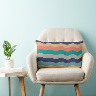Retro Wavy Lines - Blue Turquoise Orange Throw Pil Lumbar Pillow