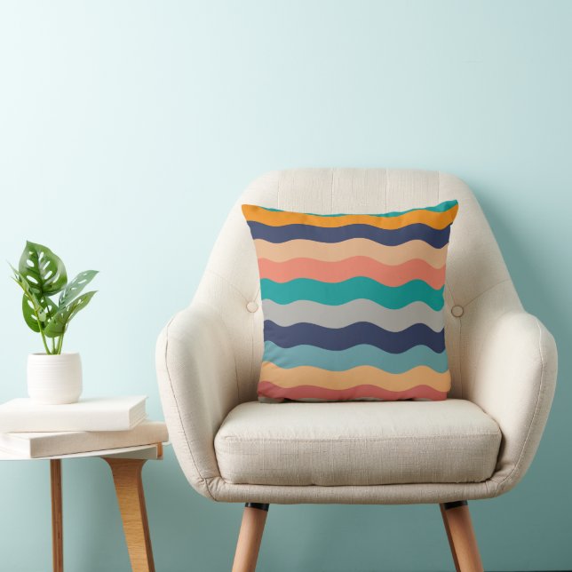 Retro Wavy Lines - Blue Turquoise Orange Throw Pillow (Chair)