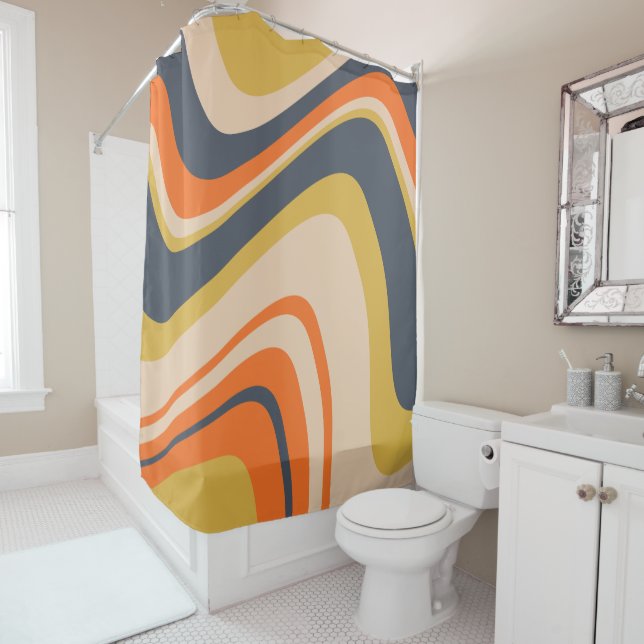 Retro Wavy Lines - Orange, Navy, Yellow, Beige (In Situ)