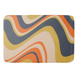 Retro Wavy Lines - Orange, Navy, Yellow, Beige Bath Mat