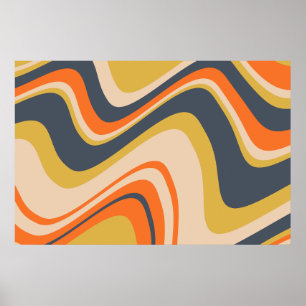 Retro Wavy Lines - Orange, Navy, Yellow, Beige Poster