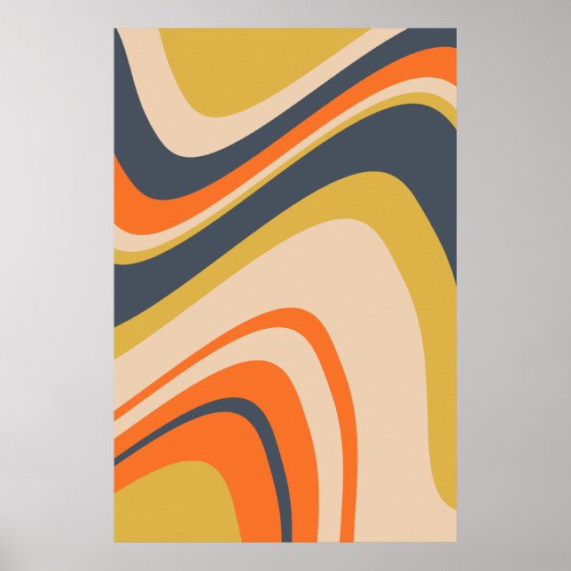 Retro Wavy Lines - Orange, Navy, Yellow, Beige Poster (Front)