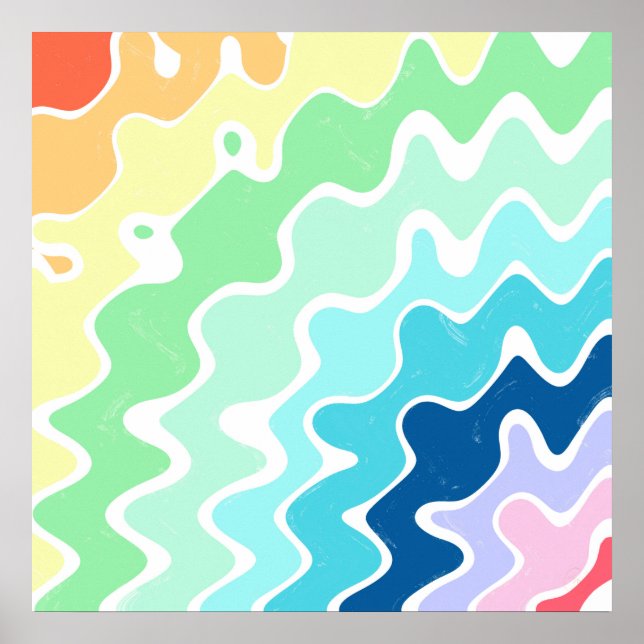 Retro Wavy Lines Pastel Rainbow Colours Pattern Poster (Front)