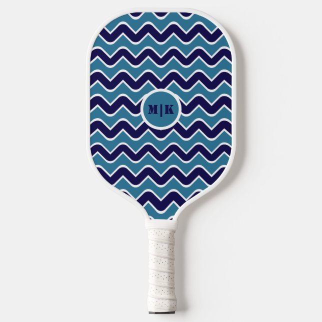 Retro Wavy Lines Pattern in Blue With Initials Pickleball Paddle (Front)
