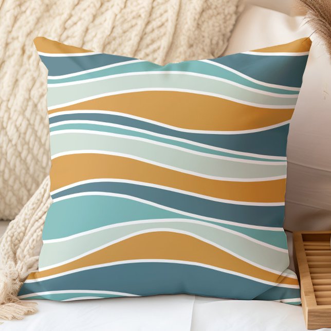 Retro Wavy Lines Pattern Orange, Teal, Aqua Throw Pillow (Creator Uploaded)