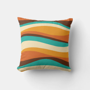 Retro Wavy Lines Teal, Orange, Chocolate Throw Pillow