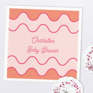 Retro Wavy Orange Pink Curve Baby Shower Napkin