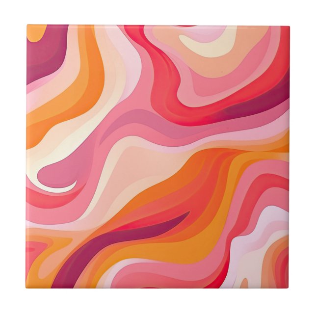Retro Wavy Pattern Boho Aesthetic Pink Tile (Front)