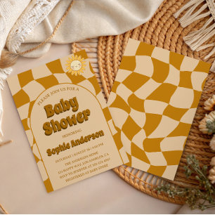 Retro Wavy Pattern Boho Sunflower Baby Shower Invitation