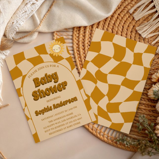 Retro Wavy Pattern Boho Sunflower Baby Shower  Invitation (Creator Uploaded)