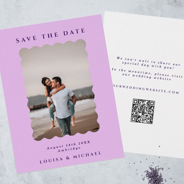 Retro Wavy Photo & QR Code Lilac & Purple Wedding Save The Date (Creator Uploaded)