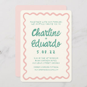 Retro Wavy Pink and Green Handwriting Wedding Invitation