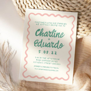 Retro Wavy Pink and Green Handwriting Wedding  Invitation