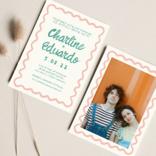 Retro Wavy Pink and Green Handwriting Wedding  Invitation